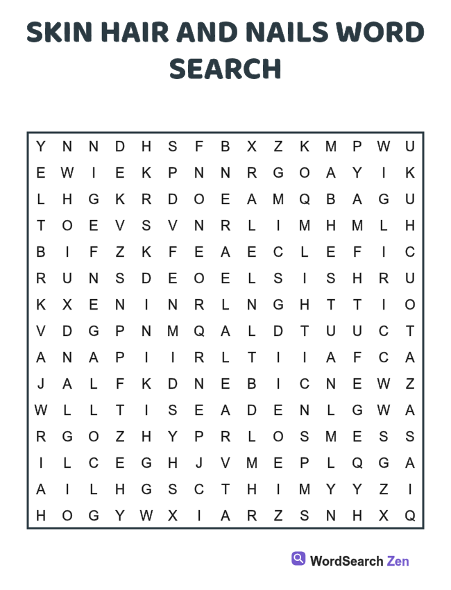 Skin Hair and Nails Word Search printable puzzle sheet