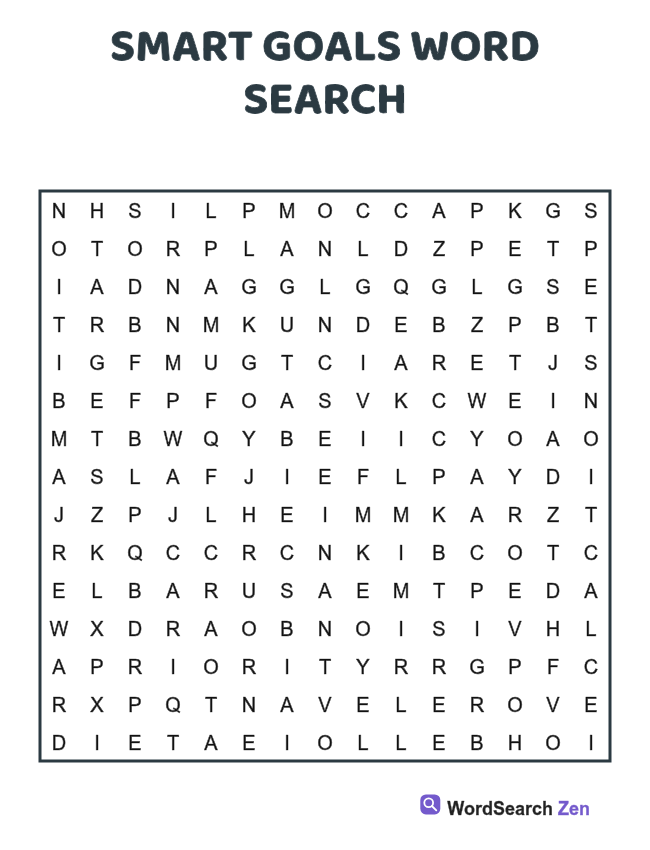 SMART Goals Word Search printable puzzle sheet, 15 hidden words