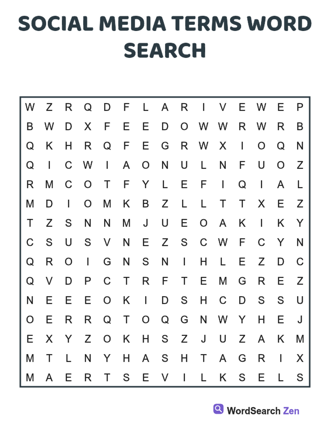 Social Media Terms Word Search printable puzzle sheet