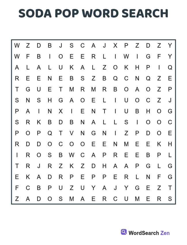Soda Pop Word Search printable puzzle sheet, 15 hidden words