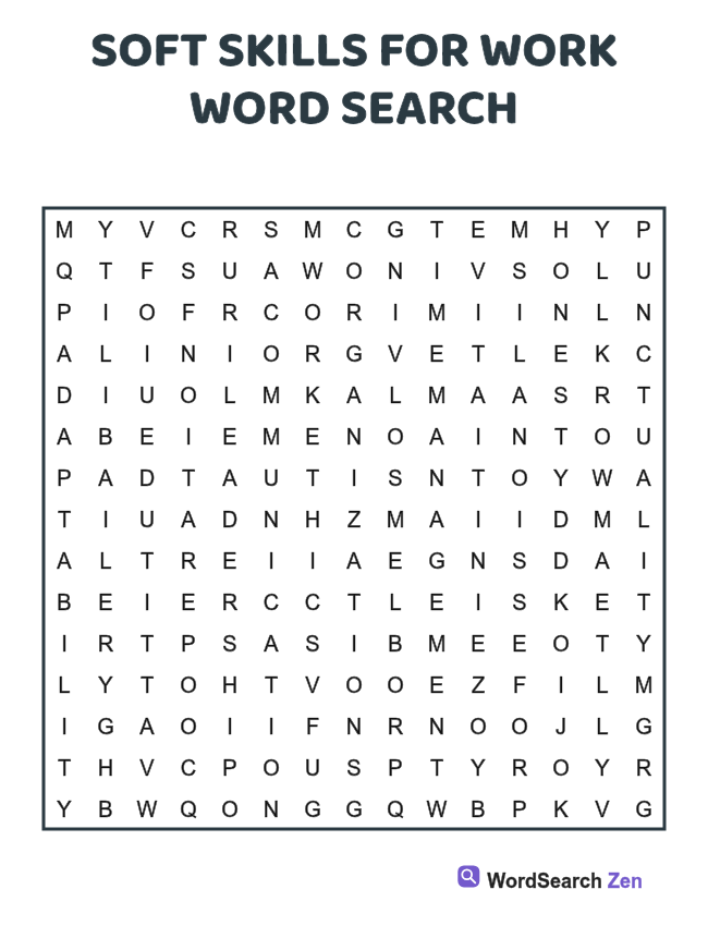 Soft Skills for Work Word Search printable puzzle sheet