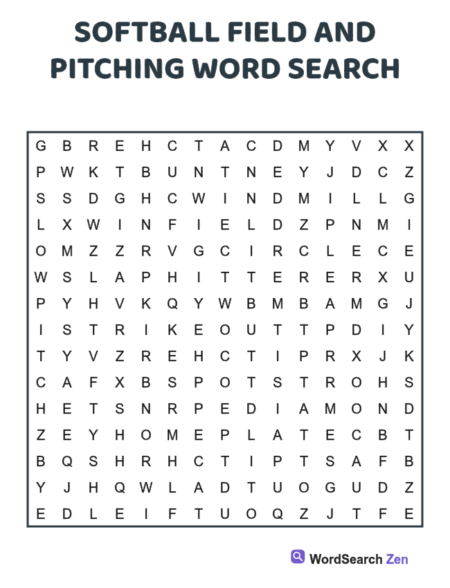 Softball Field and Pitching Word Search printable puzzle sheet, 15 hidden words