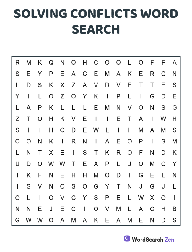 Solving Conflicts Word Search printable puzzle sheet, 15 hidden words