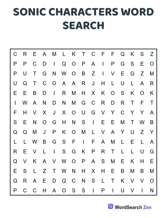 Sonic Characters Word Search printable puzzle sheet