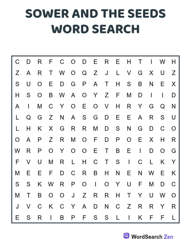 Sower and the Seeds Word Search printable puzzle sheet, 15 hidden words