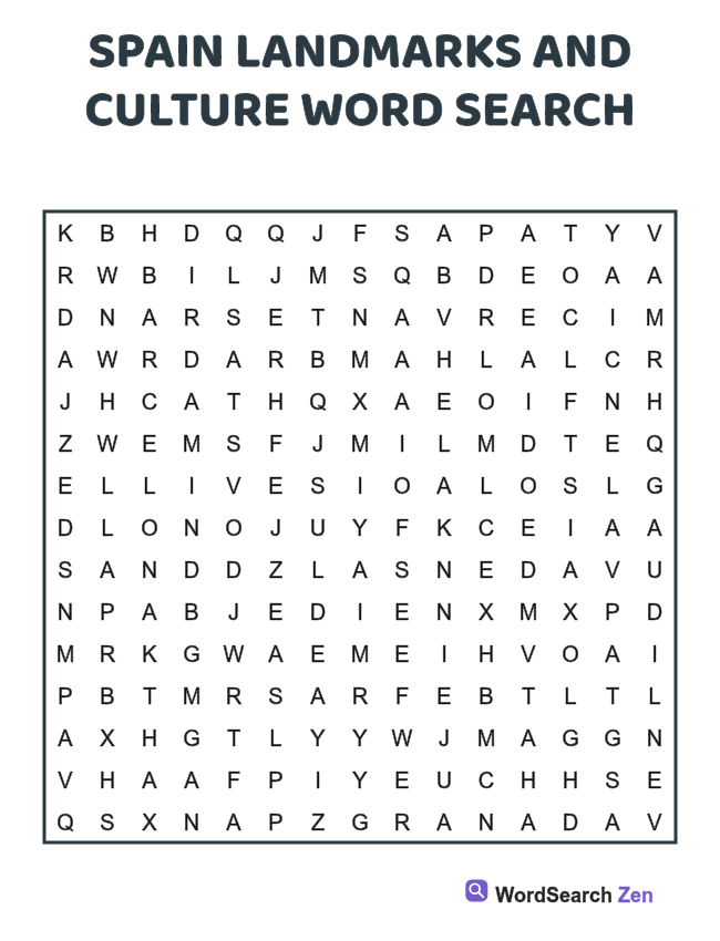 Spain Landmarks and Culture Word Search printable puzzle sheet, 15 hidden words