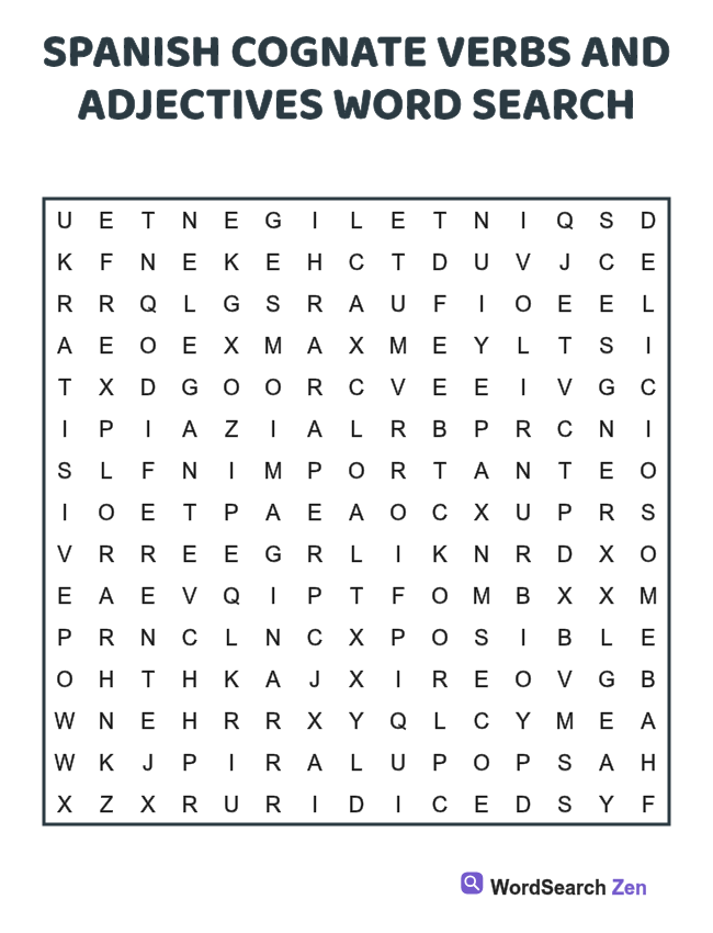 Spanish Cognate Verbs and Adjectives Word Search printable puzzle sheet