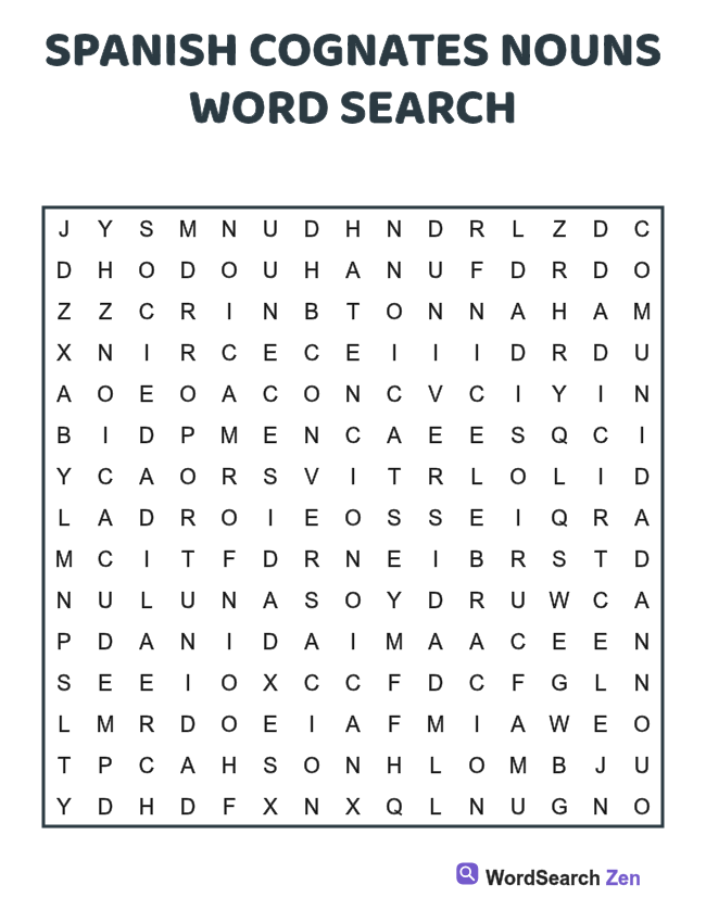 Spanish Cognates Nouns Word Search printable puzzle sheet