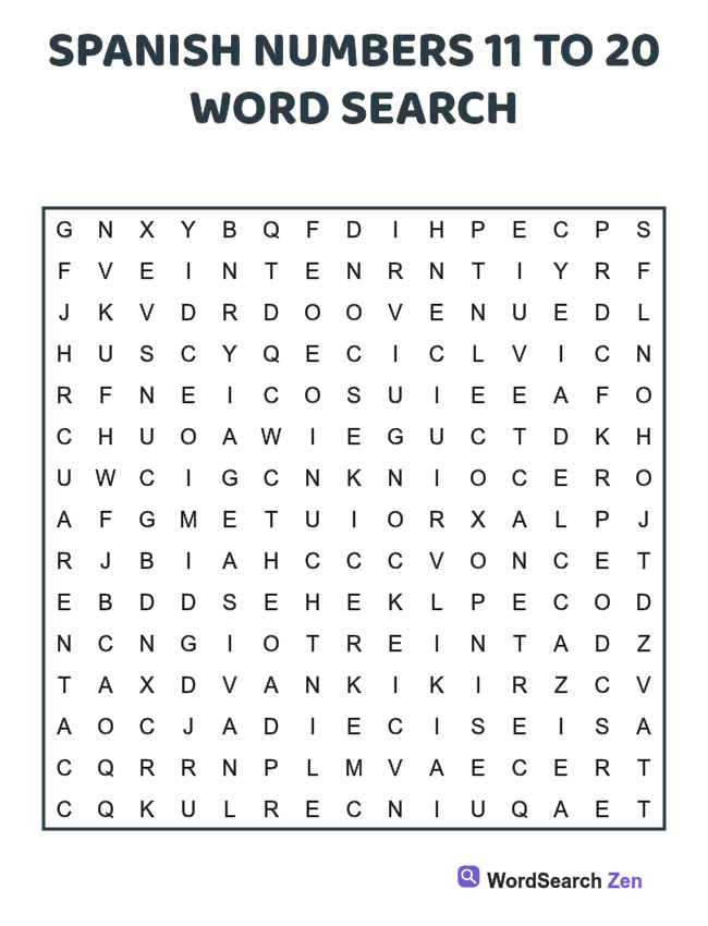 Spanish Numbers 11 To 20 Word Search printable puzzle sheet