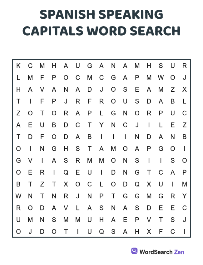 Spanish Speaking Capitals Word Search printable puzzle sheet