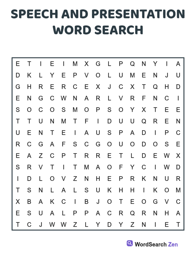Speech and Presentation Word Search printable puzzle sheet, 15 hidden words
