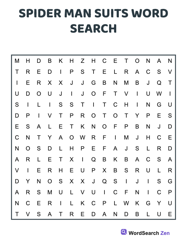 Spider Man Suits Word Search