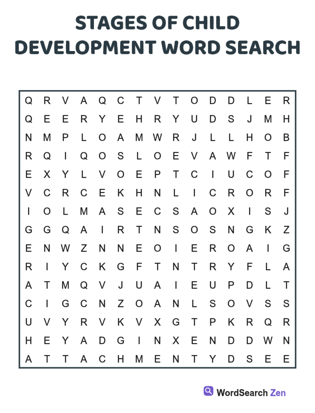 Stages of Child Development Word Search printable puzzle sheet, 15 hidden words