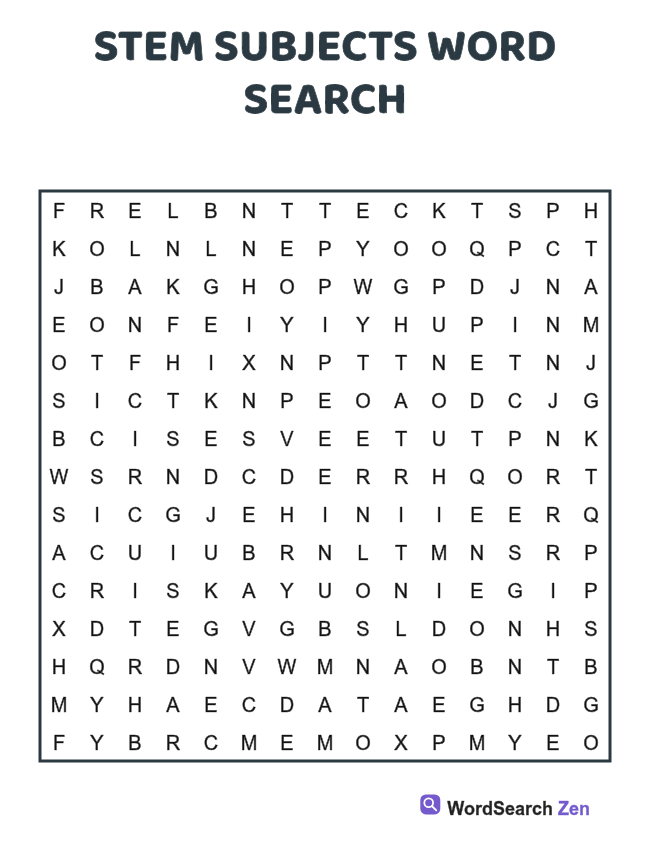 STEM Subjects Word Search printable puzzle sheet