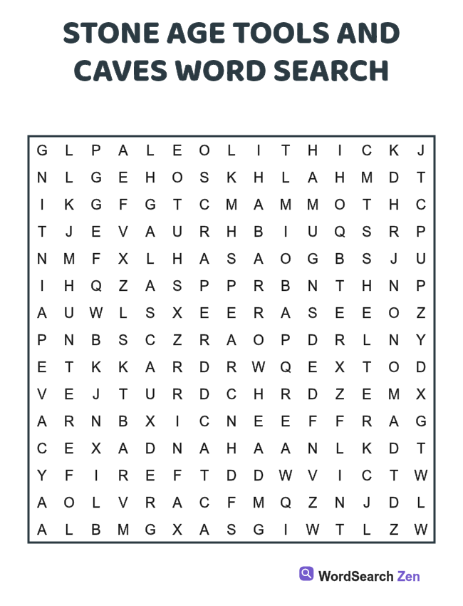 Stone Age Tools and Caves Word Search printable puzzle sheet
