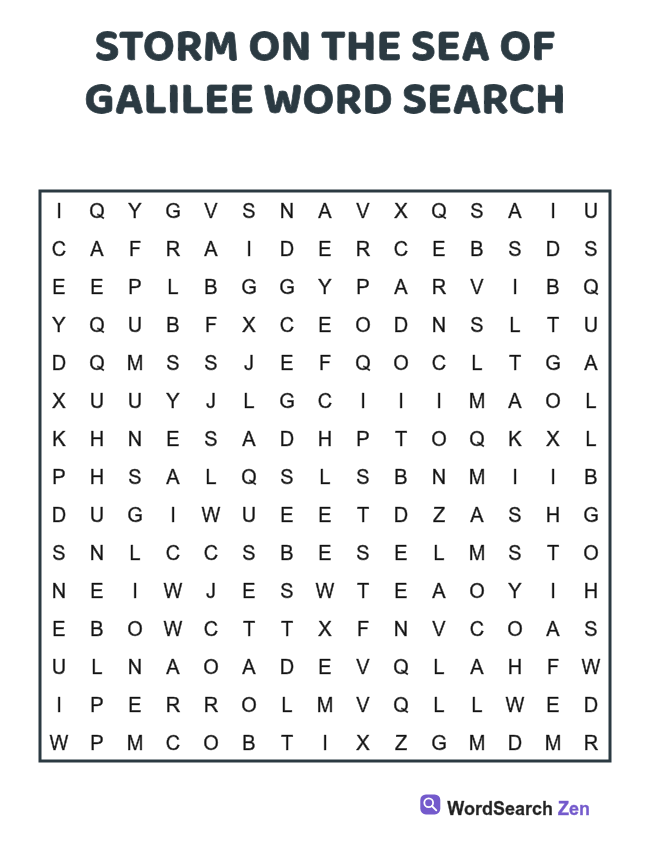 Storm on the Sea of Galilee Word Search printable puzzle sheet, 15 hidden words