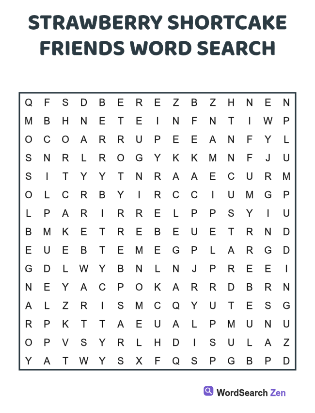 Strawberry Shortcake Friends Word Search printable puzzle sheet, 15 hidden words