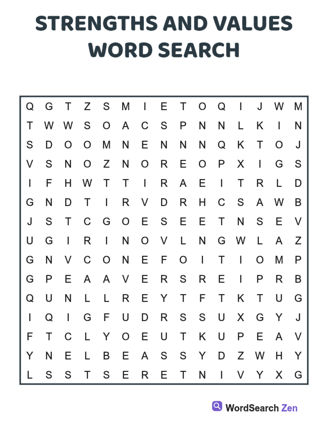 Strengths and Values Word Search printable puzzle sheet, 15 hidden words