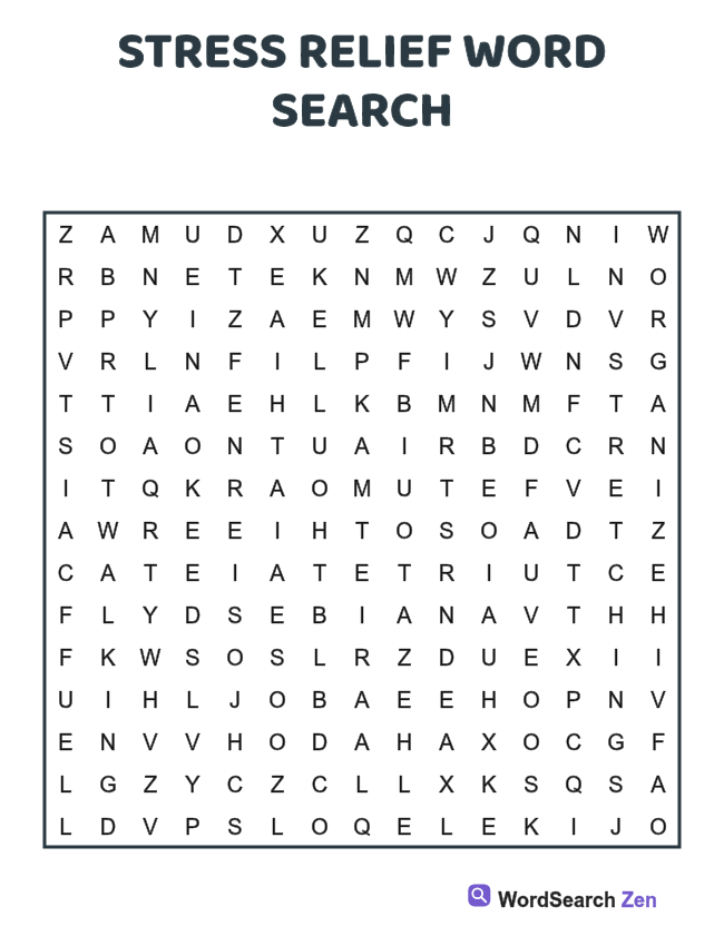 Stress Relief Word Search printable puzzle sheet, 15 hidden words