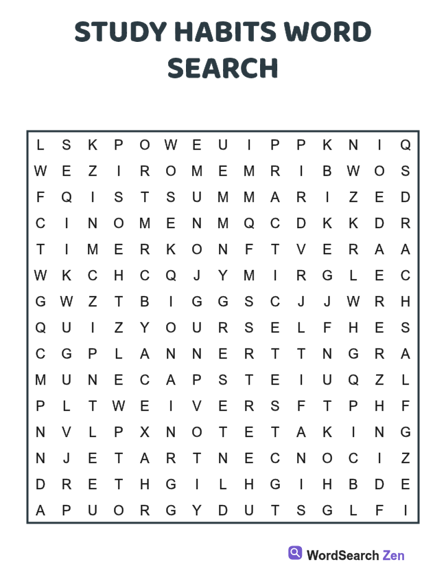 Study Habits Word Search printable puzzle sheet, 15 hidden words