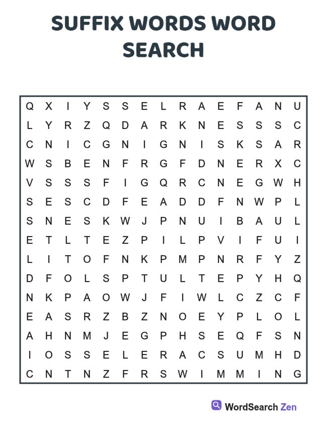 Suffix Words Word Search printable puzzle sheet