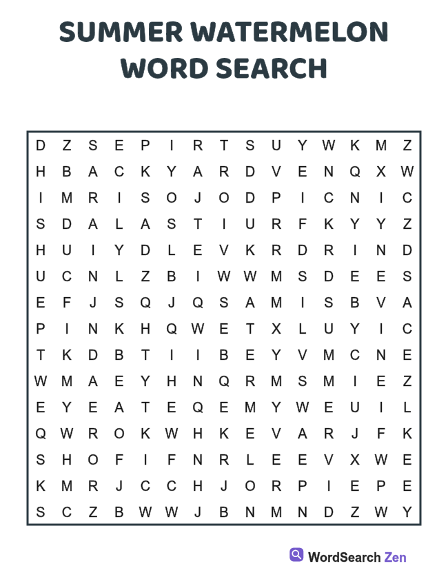 Summer Watermelon Word Search printable puzzle sheet, 15 hidden words