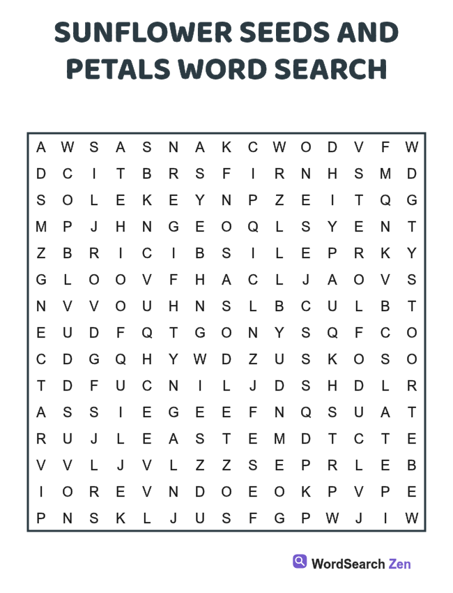 Sunflower Seeds and Petals Word Search printable puzzle sheet, 15 hidden words