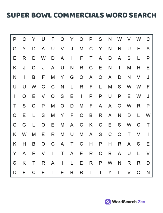 Super Bowl Commercials Word Search