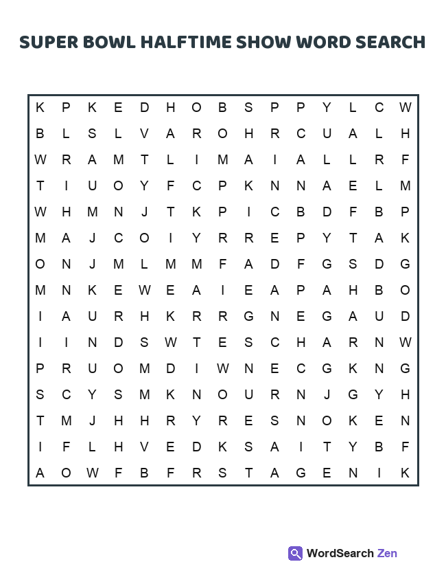 Super Bowl Halftime Show Word Search