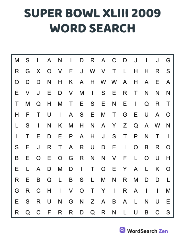 2009 Super Bowl XLIII Word Search