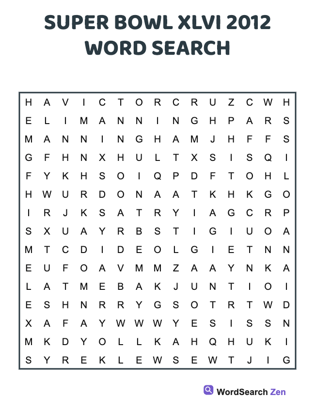 2012 Super Bowl XLVI Word Search