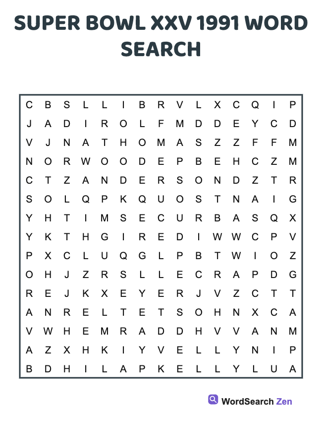 1991 Super Bowl XXV Word Search