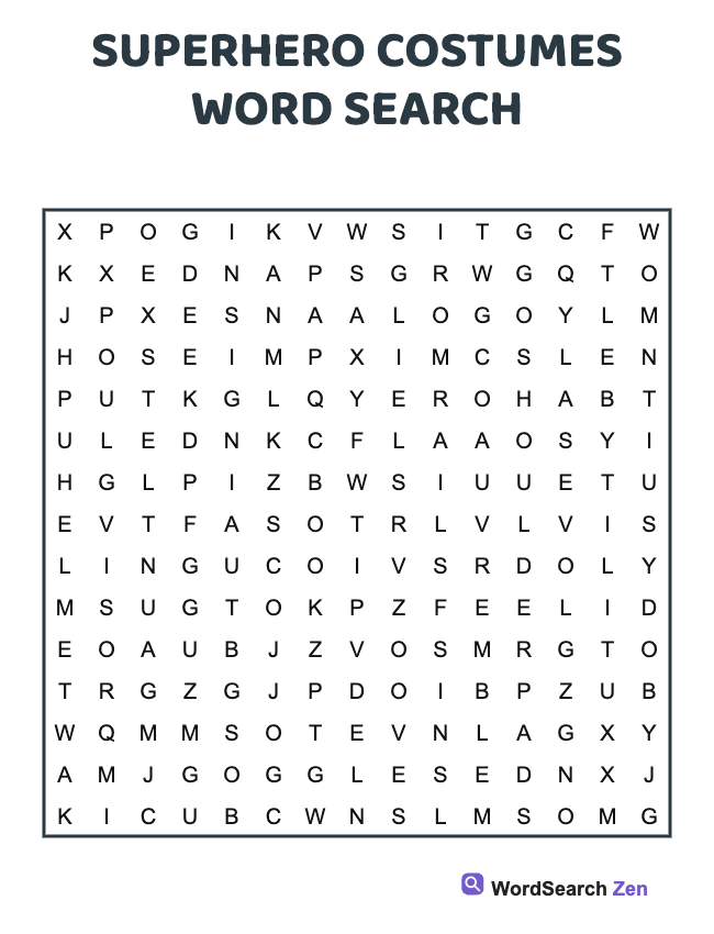 Superhero Costumes Word Search