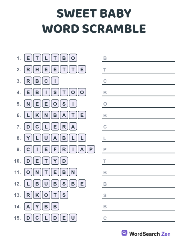 Sweet Baby Word Scramble printable sheet