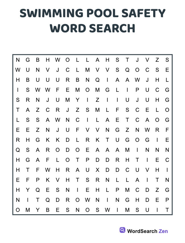Swimming Pool Safety Word Search