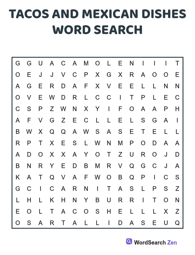 Tacos and Mexican Dishes Word Search printable puzzle sheet, 15 hidden words