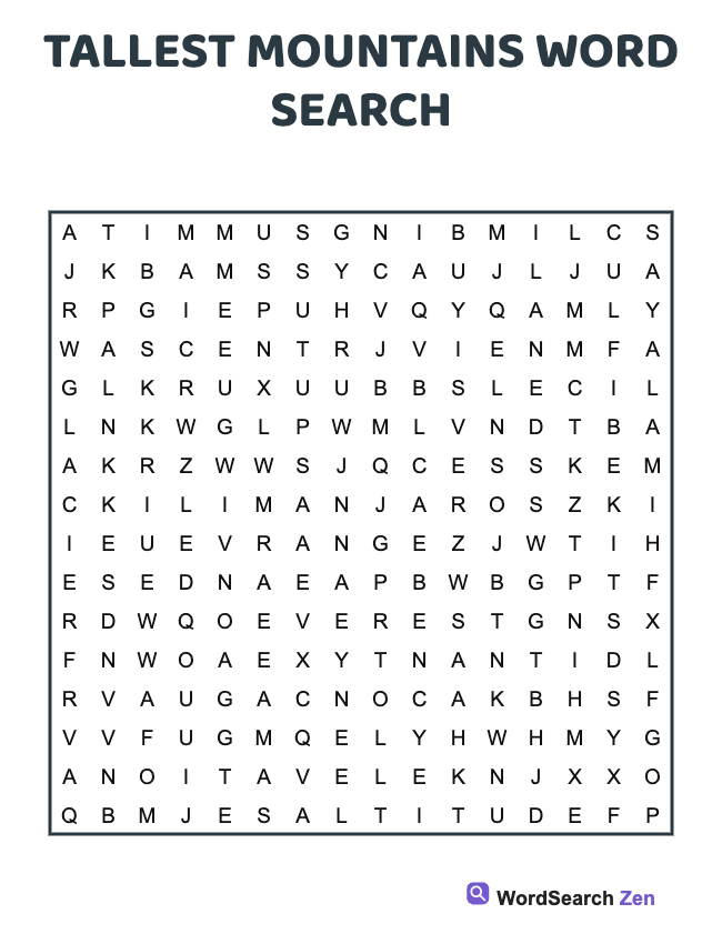 Tallest Mountains Word Search
