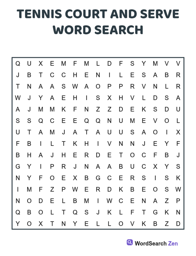 Tennis Court and Serve Word Search printable puzzle sheet, 15 hidden words