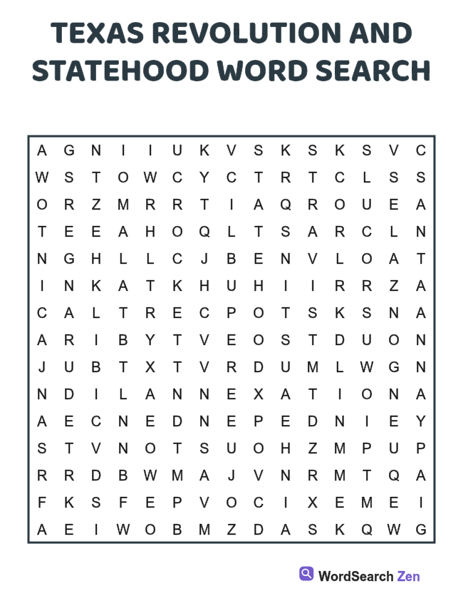 Texas Revolution and Statehood Word Search printable puzzle sheet, 15 hidden words