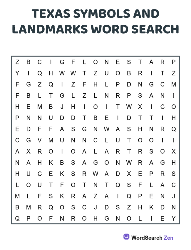 Texas Symbols and Landmarks Word Search printable puzzle sheet, 15 hidden words