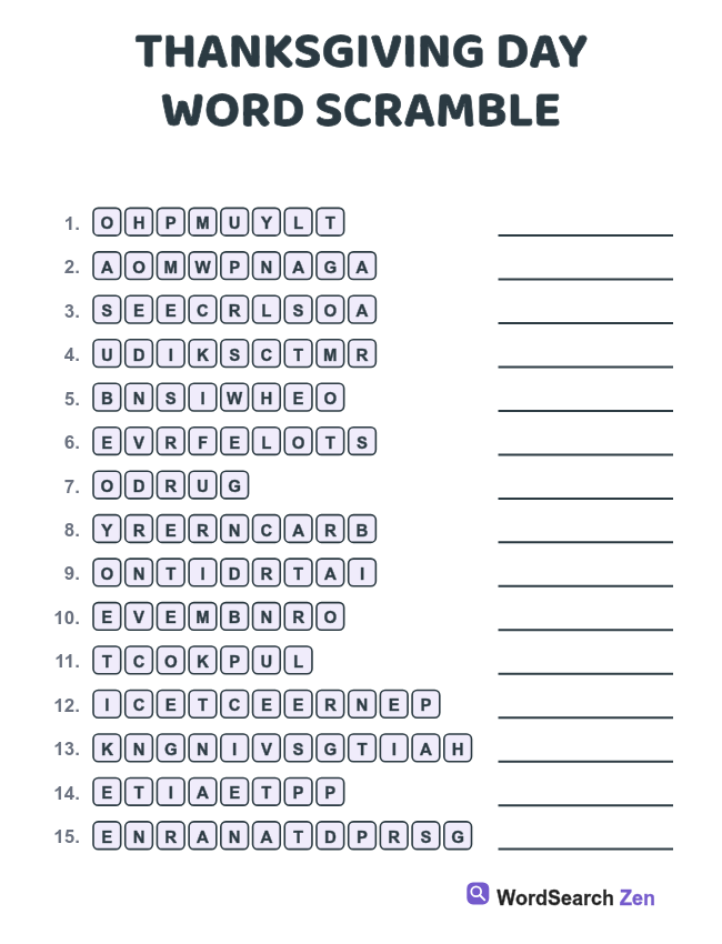 Thanksgiving Day Word Scramble printable sheet