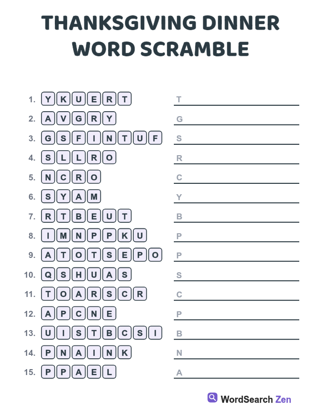 Thanksgiving Dinner Word Scramble printable sheet