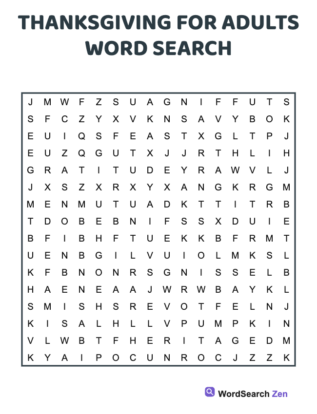 Thanksgiving For Adults Word Search