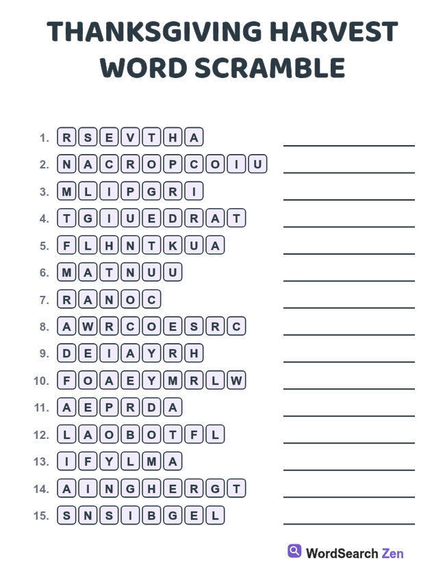 Thanksgiving Harvest Word Scramble printable sheet