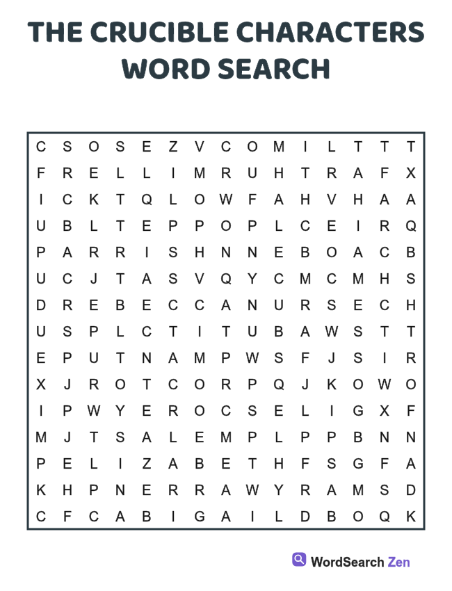 The Crucible Characters Word Search printable puzzle sheet, 15 hidden words