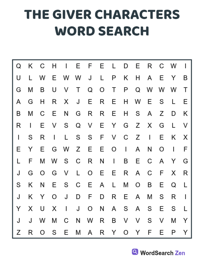 The Giver Characters Word Search printable puzzle sheet, 15 hidden words