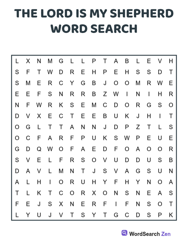 The Lord Is My Shepherd Word Search printable puzzle sheet, 15 hidden words