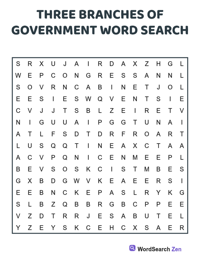 Three Branches of Government Word Search printable puzzle sheet, 15 hidden words