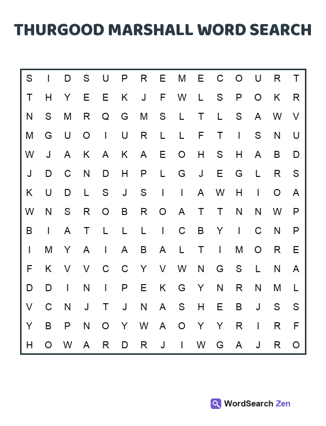 Thurgood Marshall Word Search printable puzzle sheet