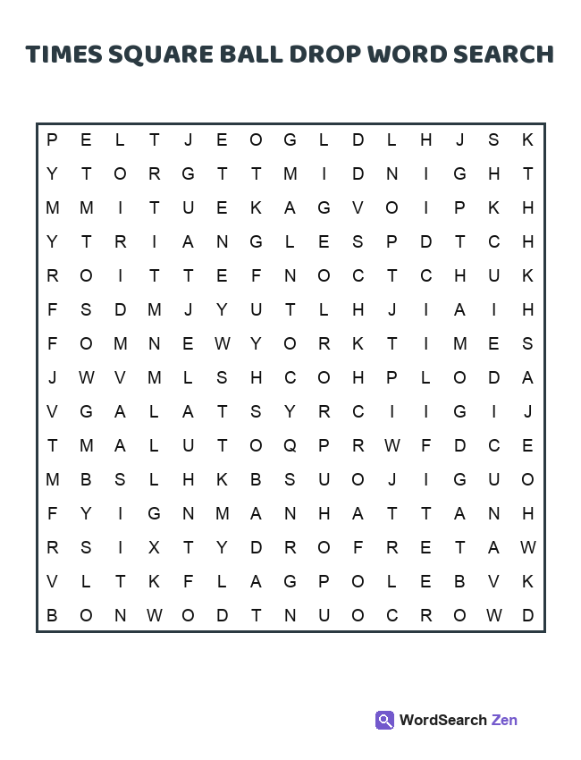 Times Square Ball Drop Word Search printable puzzle sheet